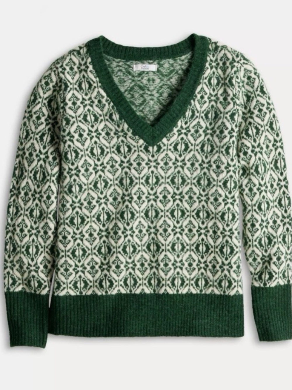 Croft & Barrow Women’s Jacquard Sweater | Green & Ivory | V-Neck | Size L
